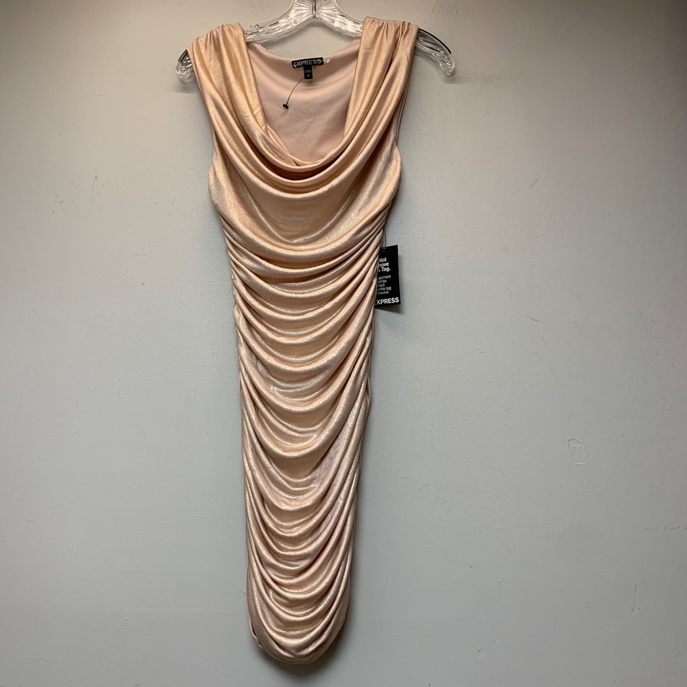 Express Bodycon Dress Womens Small Rose Gold NEW Ruched Metallic‎ Cowl Neck Mini